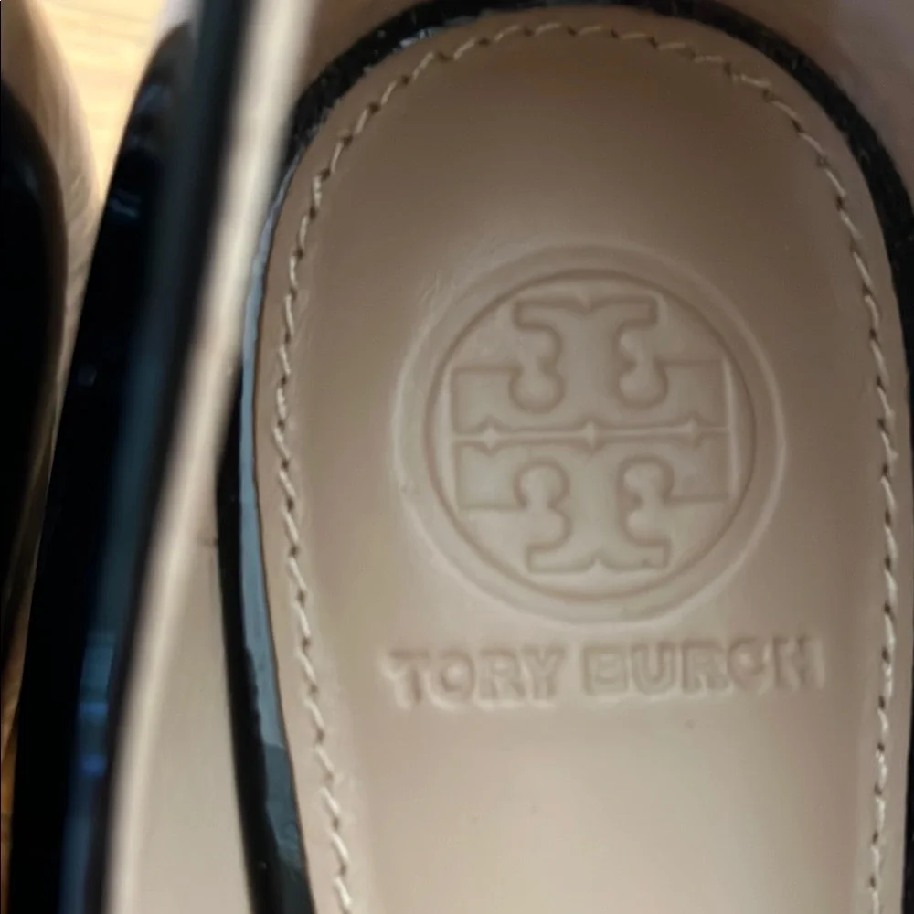 Tory Burch Black Patent Logo Cap-Toe Heels with Gold Trim